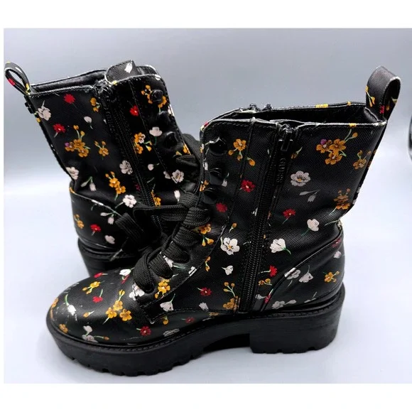 Guess Fearne Womens Black Floral Combat Boots Side Zip Lug Sole GWFEARNE Size 6M - Picture 9 of 15